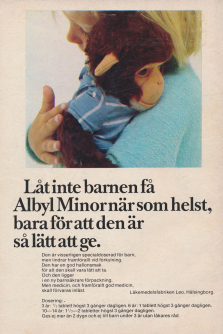 Annons för läkemedlet Albyl Minor, ett smärtstillande speciellt riktat mot barn
