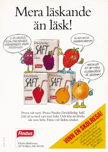 Annons för drickfärdig saft från Findus i lagom stor tetrapak