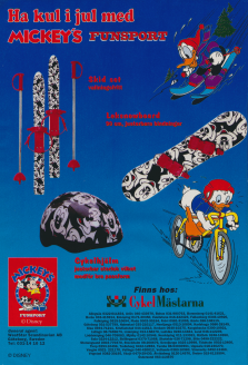 Reklam för idrottsprylar som har Musse Piggs ansikte och namn på sig. 