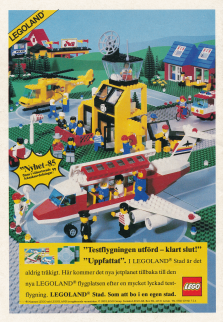 Annons för LEGO med foto över en uppbyggd LEGO-stad med flygplats i fokus