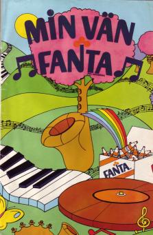 Reklam för drycken Fanta. Ett landskap av musikinstrument och en låda med Fanta samt texten "Min Vän Fanta"