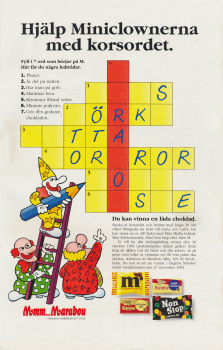 Reklam för godis i miniförpackningar från Marabou där deras maskotar är clowner som uppmanar till pyssel