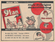 Reklam för serietidningen 91:an med serier som Tuffa Viktor och Åsa-Nisse