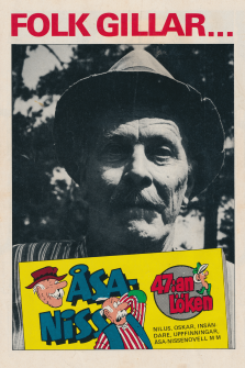 Reklam för serietidningen Åsa-Nisse med ett stort foto av John Elfström i rollen som Åsa-Nisse