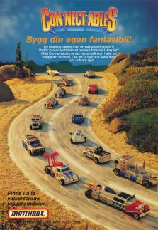 Annons för leksaksbilsserien Connectables från Matchbox där man kan sätta ihop bildelar med varandra och skapa helt nya konstellationer