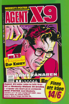 Reklam för serietidningen Agent X9 som lyfter fram att serien Modesty Blaise fyller 30 år