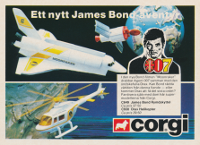 Reklam för leksaker från Corgi toys där temat är rymd och James Bond