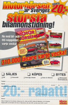 Reklam för köp- och säljtidningen Motorbörsen som har 310 000 läsare varje vecka (1996)