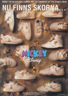 Reklam för skor med Musse Pigg-motiv