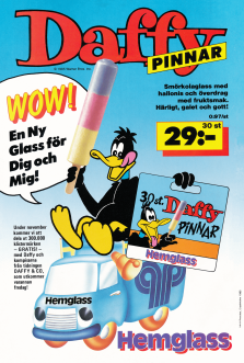 Annons för Daffy-pinnar från Hemglass där den tecknade seriefiguren Daffy visar upp sin ispinne