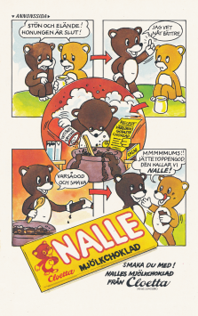 Reklam i serieform där Nalle uppfinner sin Nalle Mjölkchoklad