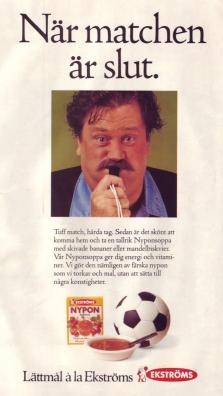 Reklam för Ekströms nyponsoppa med en bild på en domare som blåser i sin visselpipa och är röd i ansiktet