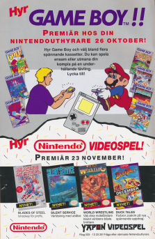 Annons för möjligheten att hyra Nintendospel och vilka nyheter som kommit månaden november 1990