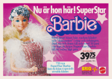 Halvsidesreklam för den speciella utgåvan Superstar Barbie som distribueras av Brio Scanditoy i Sverige