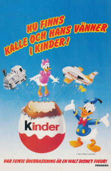 Reklam för Kinder-ägg där man berättar att man i vart femte ägg kan få en Disney-figur nu