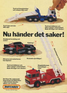 Annons för Matchbox leksaksbilar där det går att vrida på saker, trycka på knappar också händer det saker