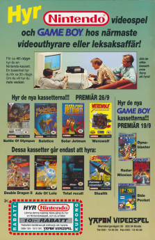 Reklam för möjligheten att hyra Nintendo och Gameboy där annonsen visar upp cirka ett dussin spelomslag samt ett foto på två killar som sitter framför en teve och spelar tv-spel