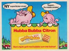 Reklam för tuggummit Hubba Bubba där de två maskotarna Hubba och Bubba pekar på en förpackning med den nya smaken citron