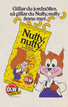 Reklam för rostade jordnötsbågar från OLW. En tecknad ekorre håller upp en påse med snacksen.