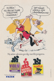 Seriefigurerna Blondie och hennes man Dagobert dansar omkring i en serieteckning och meddelar att Fazer har ökat storleken på sina tablettaskar