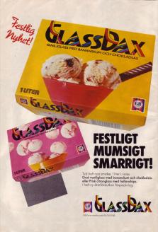 Reklam för glassen GlassDax från GB med två olika förpackningar glass