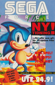 Reklam för tidningen SEGA Force, en ny tidning där man har maskoten Sonic the Hedgehog på framsidan