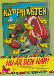 Reklam för leksakskatalogen Käpphästen med en bild på ett urval av leksaker som finns representerade i katalogen