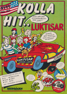 Illustration av ett gäng ungdomar i en bil som håller i klistermärken som luktar när man skrapar på ytan på dem