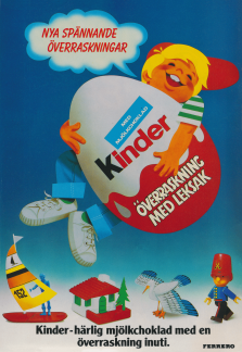 Annons för Kinder ägg, med en ritat pojke som håller ett Kindägg i famnen samt fyra förslag på vad äggen kan innehålla för överraskning