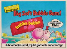 Reklam för tuggummit Hubba Bubba, med två runda tuggummifigurer som bär på ett tuggummipaket