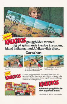 Reklam för pysslet Kalkitos där du gnuggar fast bilder på ett bakgrundsark