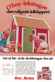 Reklam för chokladdrycken O'boy som här ges annonsläsarna möjligheten att köpa en lekstuga i wellpapp