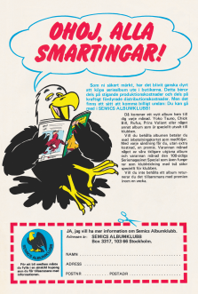 Reklam för Semics Albumklubb där en tecknad örn sitter och läser seriealbum