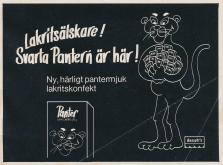 Annons för lakritsgodiset Svarta Pantern som visar seriefiguren Rosa Pantern med famnen full av godisaskar