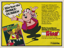 Reklam för serietidningen Lilla Fridolf med fokus på önskeklubben, klubben där du kan önska vad du vill och kanske få det som present av Fridolf