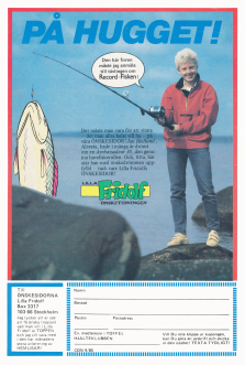 Reklam för Önskeklubben i serietidningen Lilla Fridolf där en kille poserar med en tecknad fisk som han fångat