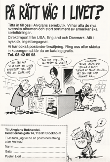 Reklam för seriebutiken Alvglans som säljer serietidningar i butik och per postorder