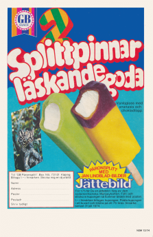 Reklam för Päronsplitt och Ananasis från GB Glass där man också kan få en poster med en djungelkatt