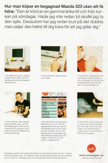 Bildserie som visar upp hur man kopplar upp sig mot hemsidan Passagen.se och söker efter en begagnad bil