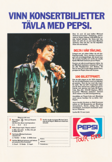 Reklam för Pepsi Tour 1988 där man i en tävling kan vinna biljetter till Michael Jacksons konsert i Göteborg