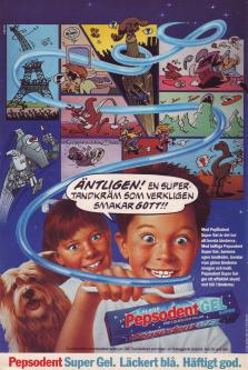 En fartfylld reklam för tandkrämen Pepsodent Super Gel med serieteckningar samt två barn som är överförtjusta över den nya tandkrämen