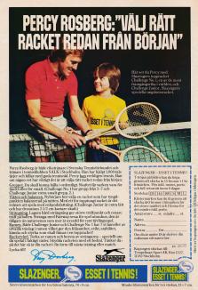 Reklam för tennisrack från Slazenger där proffset Percy Rosberg rekommenderar det