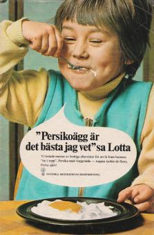 Annons för en efterrätt baserad på grädde där en flicka äter efterrätten med god aptit