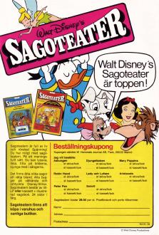 Reklam för Walt Disneys Sagoteater, med bilder på populära Disney-figurer samt ett formulär där du kan beställa sagorna