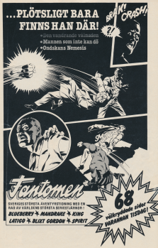 Reklam för serietidningen Fantomen med en bild där Fantomen slåss mot brottslingar och vinner