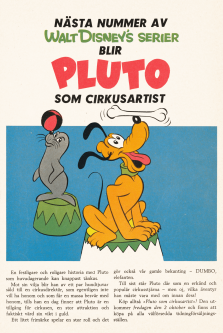 Reklam för nästa nummer av Walt Disneys Serier med en historia om Pluto