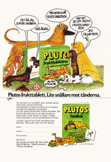 Annons för tablettasken Pluto, som visar upp innehållet som är frukttabletter utan vanligt socker