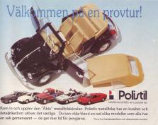 Reklam för leksaksbilstillverkaren Polistil med 6 stycken bilar uppradade på bilden