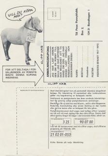 Reklam för Peos ponnytidning där man även ges möjlighet att delta i en försäljning av en ponny