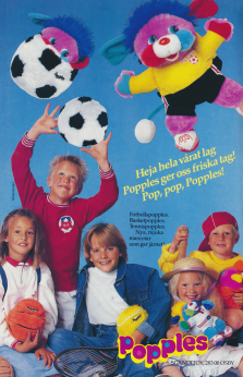Reklam för mjukisdjuren Popples som marknadsförs av BRIO Scanditoy